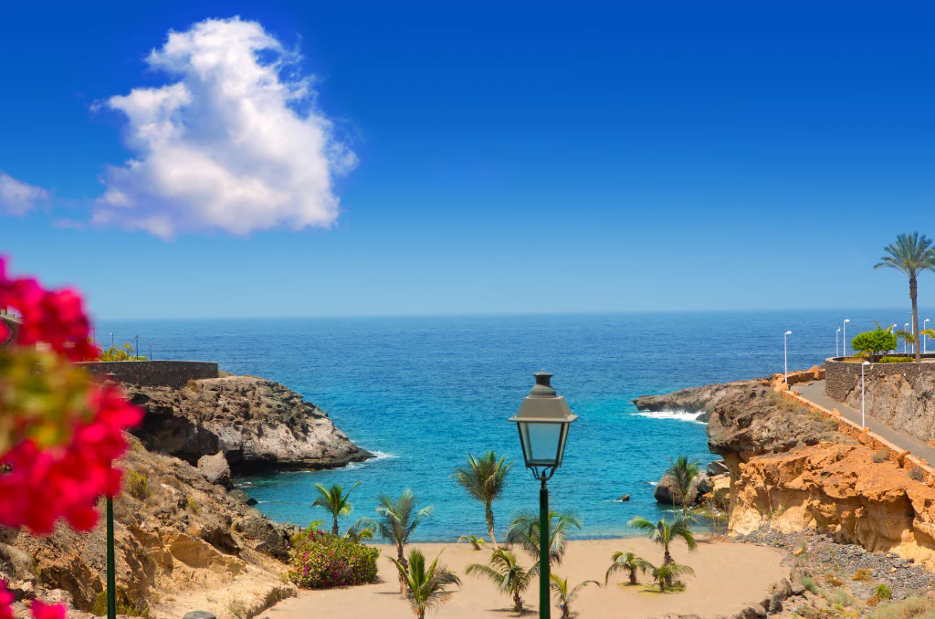 Eine tropische Meeresbucht mit feinem Sandstrand und Palmen unter einem strahlend blauen Himmel mit einer einzelnen weißen Wolke. Im Vordergrund sind eine klassische Straßenlaterne sowie leuchtend rote Blüten im Anschnitt zu sehen; raue Klippen umrahmen das türkisfarbene Wasser. Eine tropische Meeresbucht mit feinem Sandstrand und Palmen unter einem strahlend blauen Himmel mit einer einzelnen weißen Wolke. Im Vordergrund sind eine klassische Straßenlaterne sowie leuchtend rote Blüten im Anschnitt zu sehen; raue Klippen umrahmen das türkisfarbene Wasser.